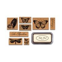 Cavallini & Co. Butterflies Designed Stamps Set Includes Wooden Rubber Stamps - Assorted/ Ink Pad - Black