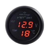 Car-Mounted Charger , Car Battery Monitor and Digtial Thermometer, 3 in 1, USB Charger