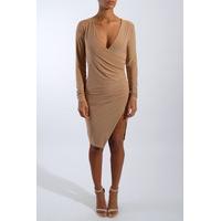 Camel Long Sleeve Wrap Dress