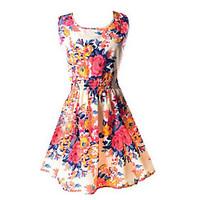 Casual/Daily Skater Dress, Print Pleated Round Neck Above Knee Sleeveless Polyester Pink Summer Mid Rise Inelastic