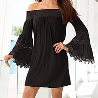 Casual/Daily Street chic Sheath Chiffon Dress, Solid Lace Boat Neck Mini Long Sleeve Flare Sleeve Polyester Black Summer Mid Rise