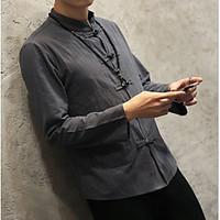 Casual/Daily Vintage Spring Fall Shirt, Solid Standing Collar Long Sleeve White Black Gray Cotton Linen Medium