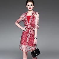 Casual/Daily Street chic Two Piece Dress, Print Mesh Peter Pan Collar Above Knee ½ Length Sleeve Polyester Nylon Red Spring Summer Mid Rise