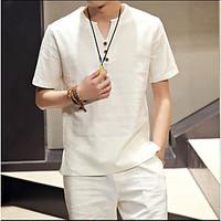 Casual/Daily Simple Summer T-shirt, Solid V Neck Short Sleeve White Black Linen Thin