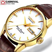 Carnival waterproof Fashion Watch Men Stainless steel Artificial sapphire Automatic Mechanical brown leather Watch relogio masculine