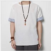 Casual/Daily Street chic T-shirt, Solid Round Neck Short Sleeve White Linen