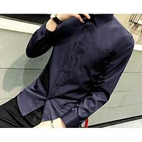 Casual/Daily Simple Spring Shirt, Solid Square Neck Long Sleeve Blue White Cotton