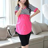 Casual/Daily Simple Summer Blouse, Striped Round Neck Short Sleeve Cotton Thin