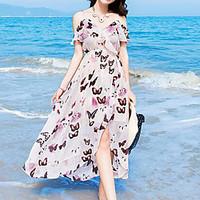 Casual/Daily Simple Chiffon Swing Dress, Print Strap Maxi Sleeveless Polyester White Summer Mid Rise Micro-elastic