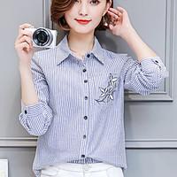 Casual/Daily Simple Spring Summer Shirt, Striped Embroidered Shirt Collar Long Sleeve Blue Gray Polyester Medium