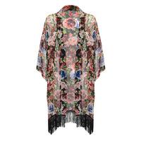 casey batchelor wears rose printed fringe trim kimono