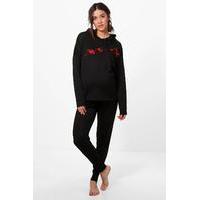 Carly Flower Embroidered Hooded Lounge Set - black