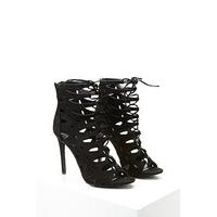 caged faux suede heels