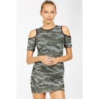 CAMO RIBBED COLD SHOULDER DRESS