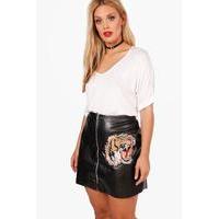 Casey Tiger Embroidery PU Mini Skirt - black