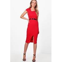 cap sleeve belted midi dress red