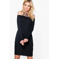 cage neck detail off the shoulder dress black