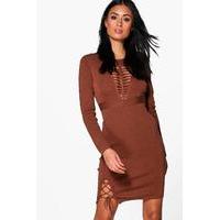 caged detail knitted dress camel