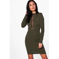 Caged Ribbed Bodycon Dress - khaki