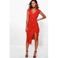 Cap Sleeve Wrap Midi Dress - red