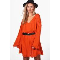 Casey Pom Pom Plunge Skater Dress - orange