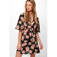 cape front floral tea dress black