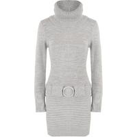 Carla Belted Polo Neck Ribbed Jumper - Light Grey