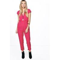 Capped Sleeve Wrap Jumpsuit - cranberry