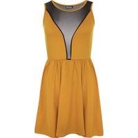 carlie sleeveless skater dress with mesh detail mustard