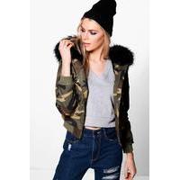 camo bomber with faux fur hood black