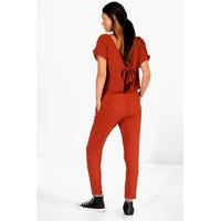 Capped Sleeve Relaxed Fit Tie Back Jumpsuit - rust