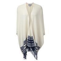 Cashmere Fringed Poncho (Soft White/Navy / One Size)