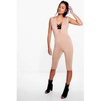 Capri Length Plunge Neck Unitard - tan