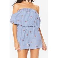 Catherine Blue Striped Embroidered Bardot Playsuit