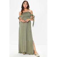 casey khaki smocked bardot maxi dress