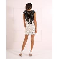 CARMEN - Black and White Lace Applique Sheer Dress with Plunge Neckline