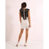 carmen black and white lace applique sheer dress with plunge neckline