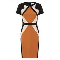 camel and black contrast panel dress