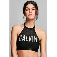 Calvin Klein Black Mesh High Neck Cropped Bikini Top, BLACK