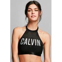 calvin klein black mesh high neck cropped bikini top black