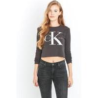 Calvin Klein Jeans Logo Long Sleeve Black Crop Top, BLACK