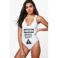 Caution Bridal Party Slogan Scoop Swimsuit - white