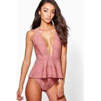 Cama Deep Plunge Textured Peplum Body - salmon