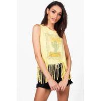 cactus print fringed vest lemon