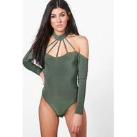 cage detail cold shoulder bodysuit khaki