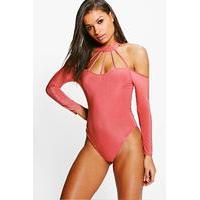 cage detail cold shoulder bodysuit rose