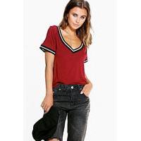 Carey Rib Detail V Neck Tee - wine