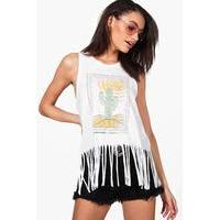 cactus print fringed vest white