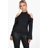 Caroline Open Shoulder Frill Top - black