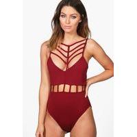 Caged Cut Out Detail Bodysuit - berry